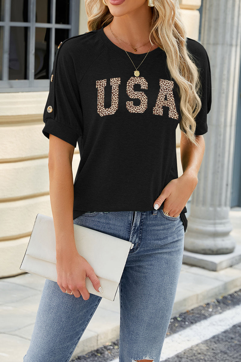 USA Leopard Print Graphic Rayon Tee Boutique Patriotic Top