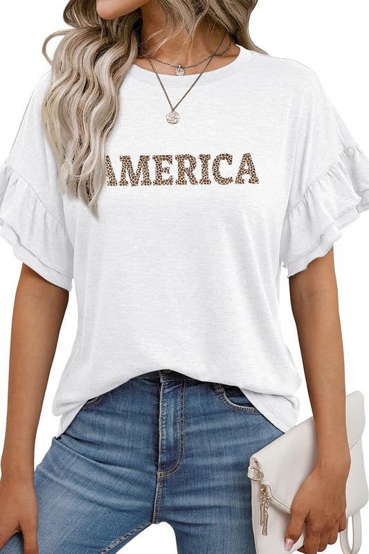 Leopard Print America Graphic Tee Women’s 4th of July Top