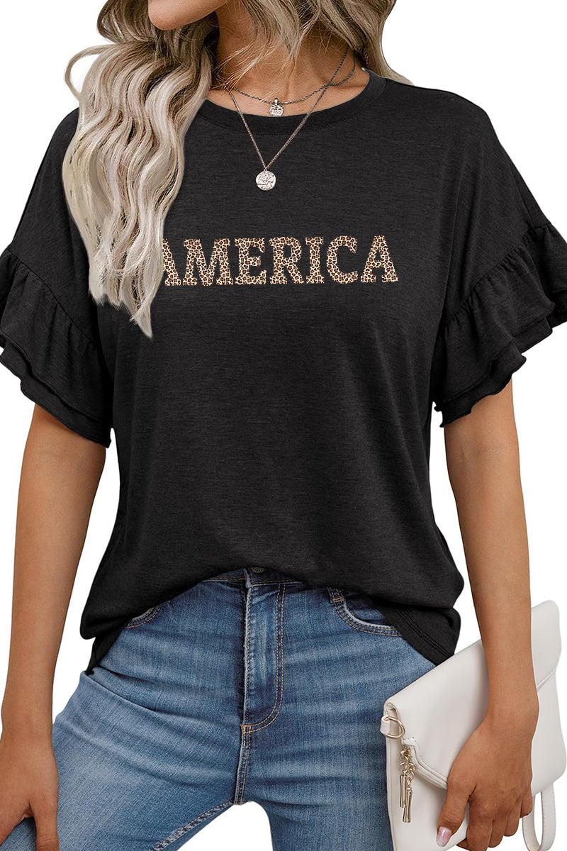 Leopard Print America Graphic Tee Women’s 4th of July Top
