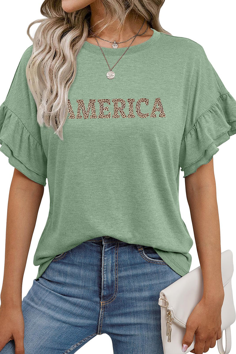 Leopard Print America Graphic Tee Women’s 4th of July Top