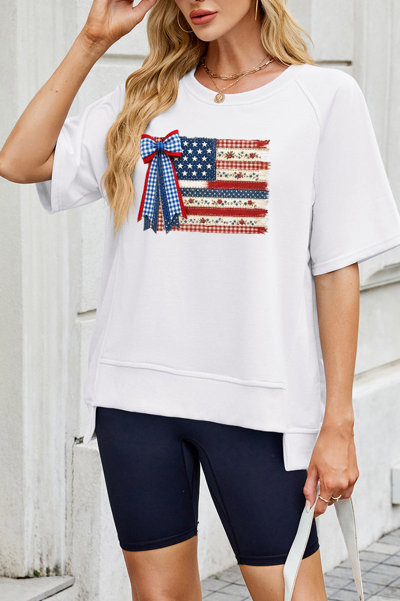 USA Flag Bow Graphic Tee Women 4th July Patriotic Top
