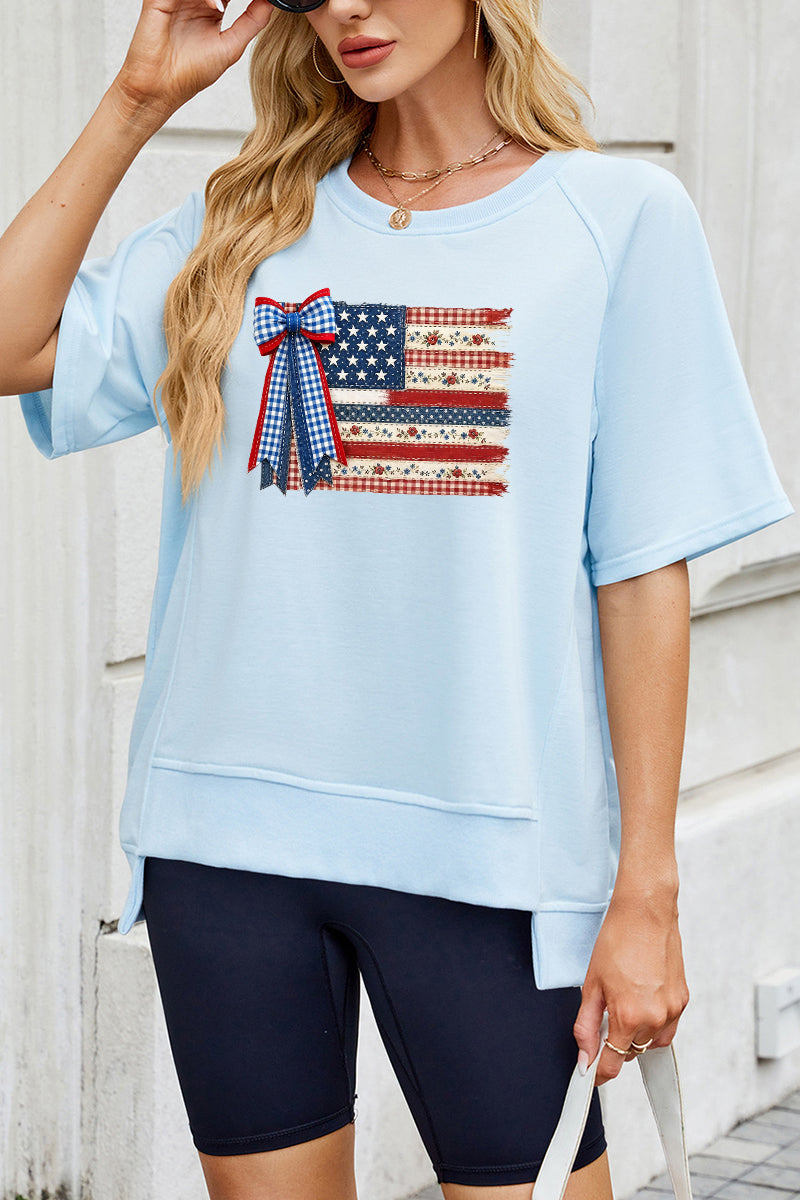 USA Flag Bow Graphic Tee Women 4th July Patriotic Top