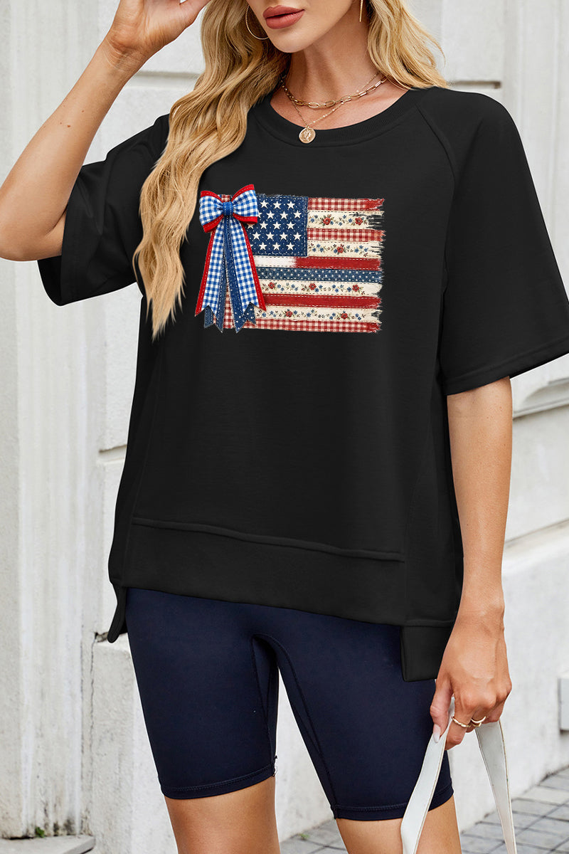 USA Flag Bow Graphic Tee Women 4th July Patriotic Top