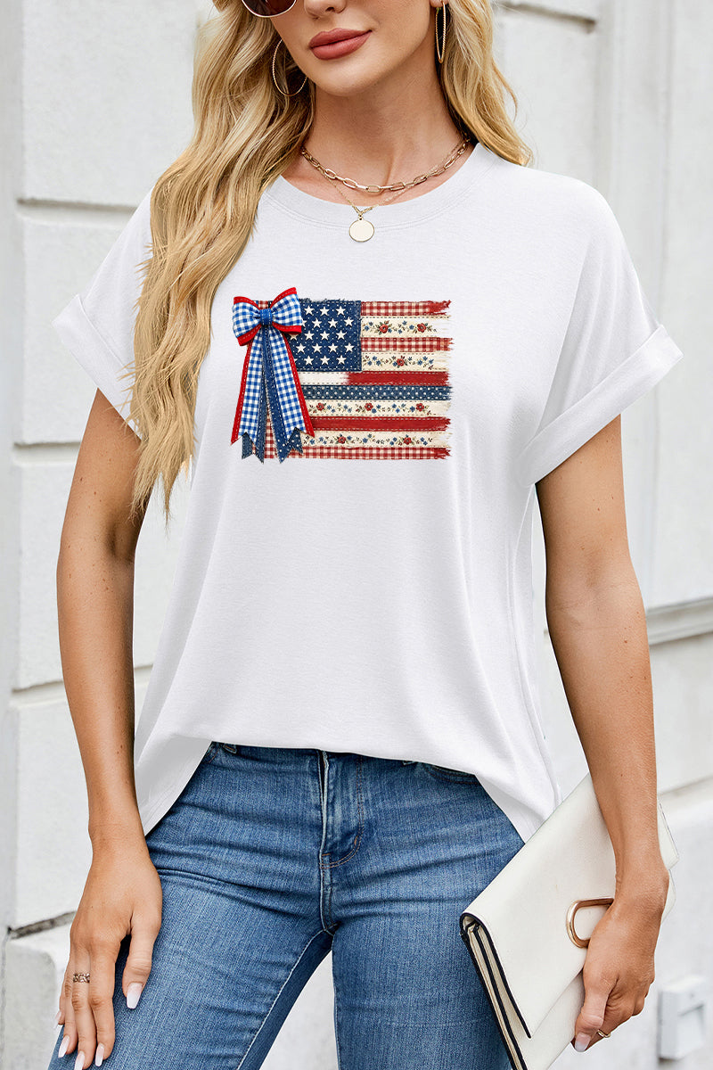 USA Flag Bow Tee Women Patriotic 4th of July Shirt
