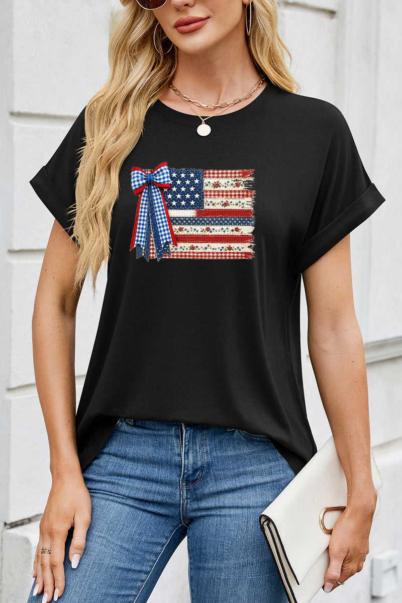 USA Flag Bow Tee Women Patriotic 4th of July Shirt