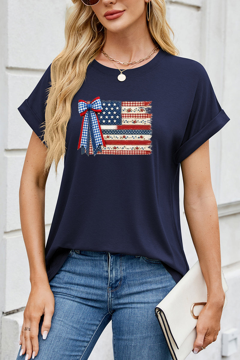 USA Flag Bow Tee Women Patriotic 4th of July Shirt