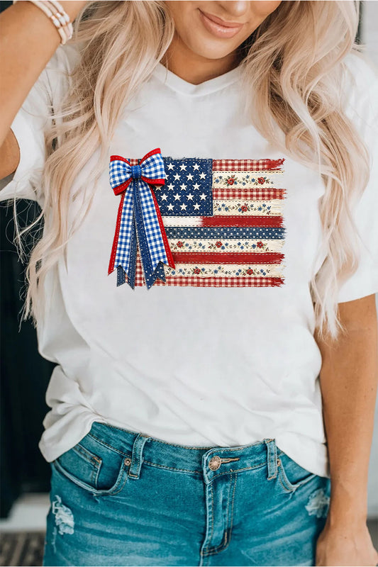 USA Flag Bow Graphic Tee Women Patriotic 4th of July Top