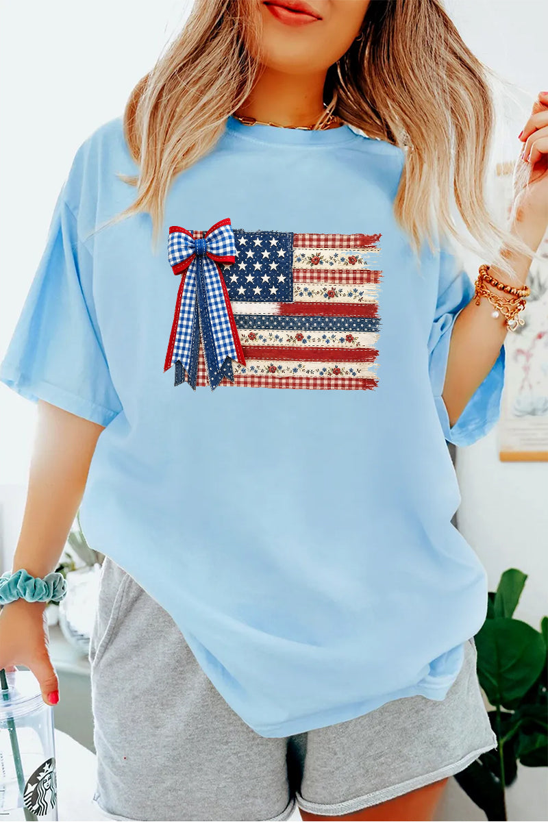 USA Flag Bow Graphic Tee Women Patriotic 4th of July Top