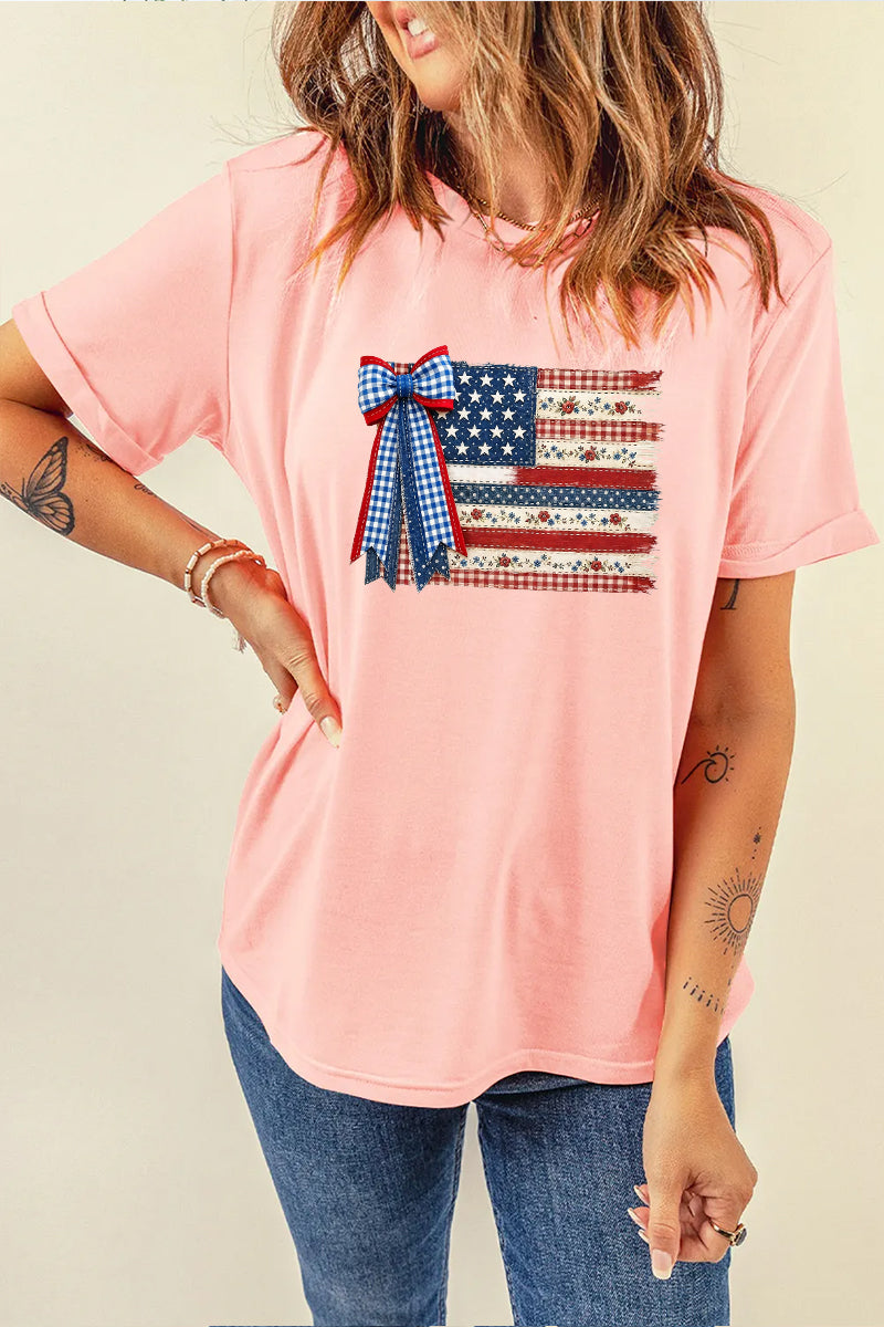USA Flag Bow Graphic Tee Women Patriotic 4th of July Top