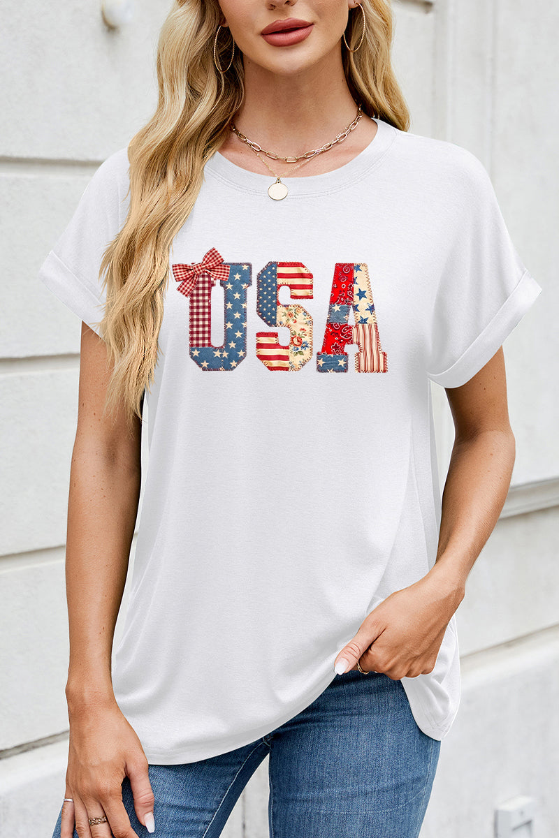 USA Patriotic Bow Graphic Tee Women 4th of July Shirt