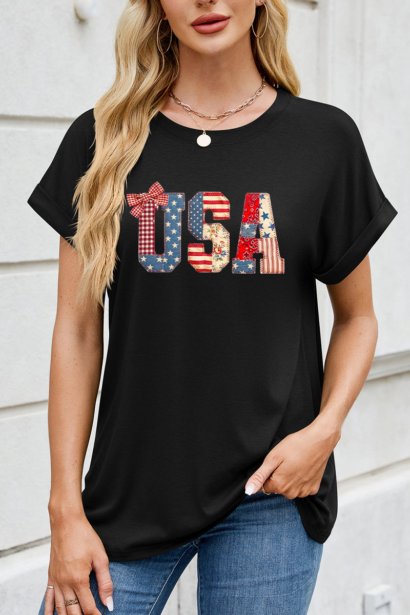 USA Patriotic Bow Graphic Tee Women 4th of July Shirt