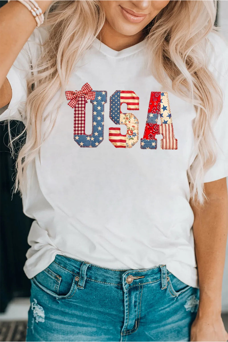USA Patchwork Bow Graphic Tee Women Patriotic Summer Shirt