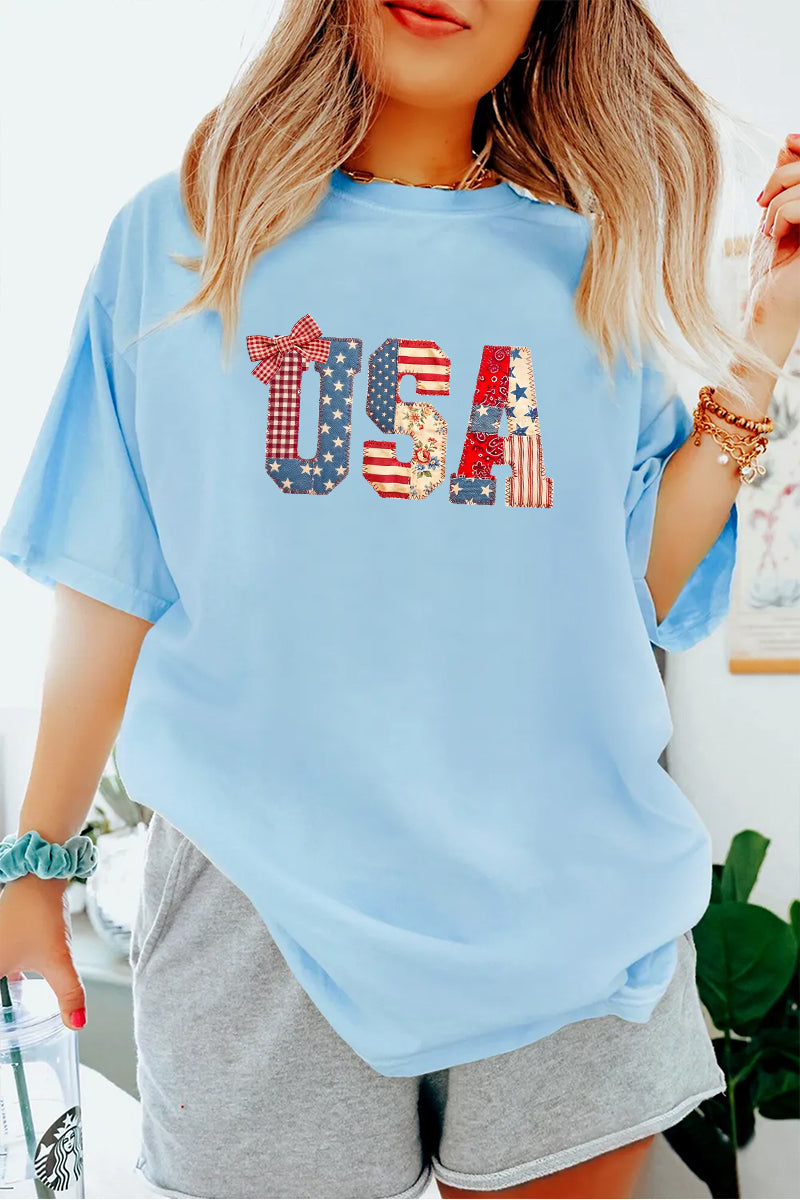 USA Patchwork Bow Graphic Tee Women Patriotic Summer Shirt