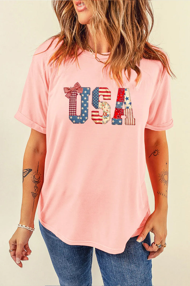 USA Patchwork Bow Graphic Tee Women Patriotic Summer Shirt