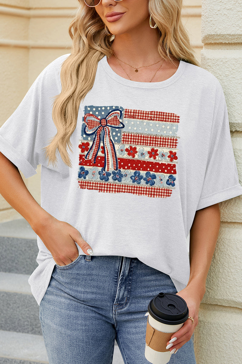 USA Flag Bow Patriotic Tee Women 4th July Graphic Top