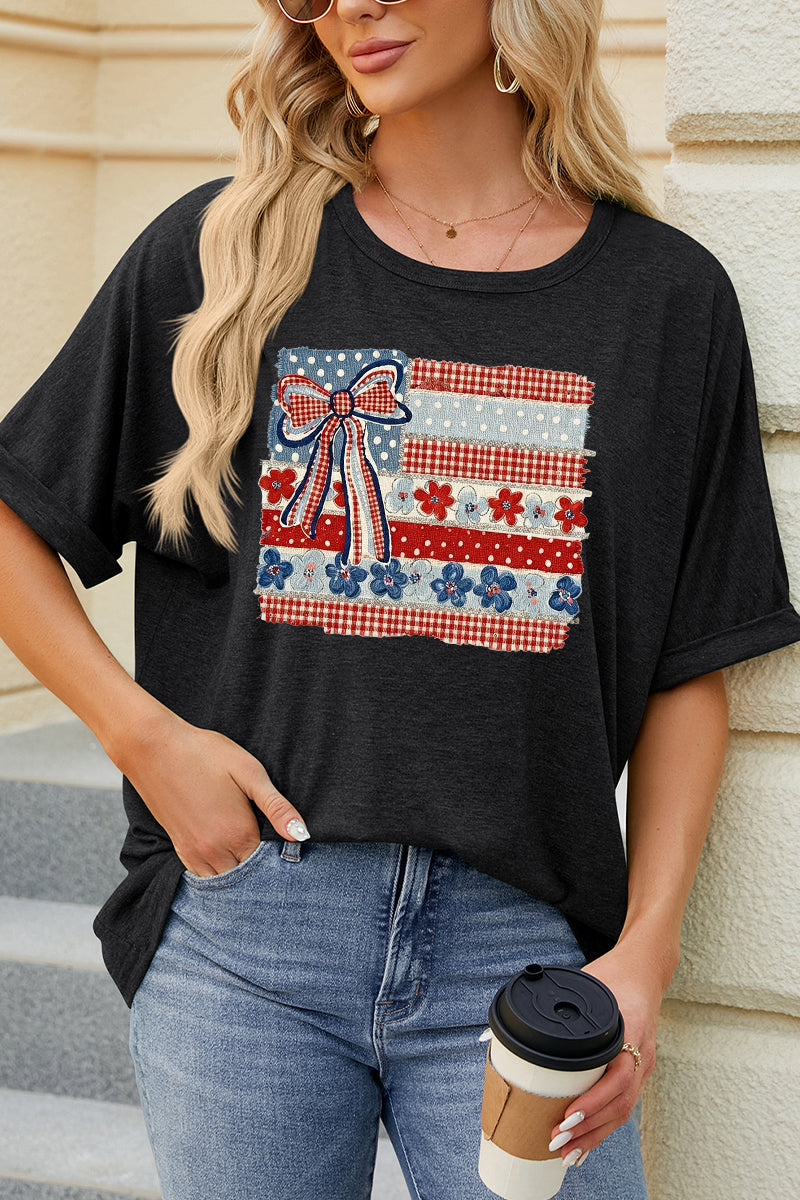 USA Flag Bow Patriotic Tee Women 4th July Graphic Top