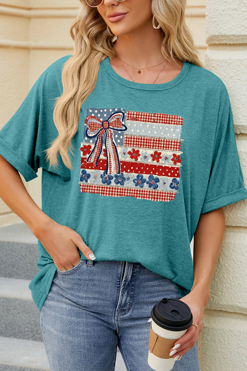USA Flag Bow Patriotic Tee Women 4th July Graphic Top