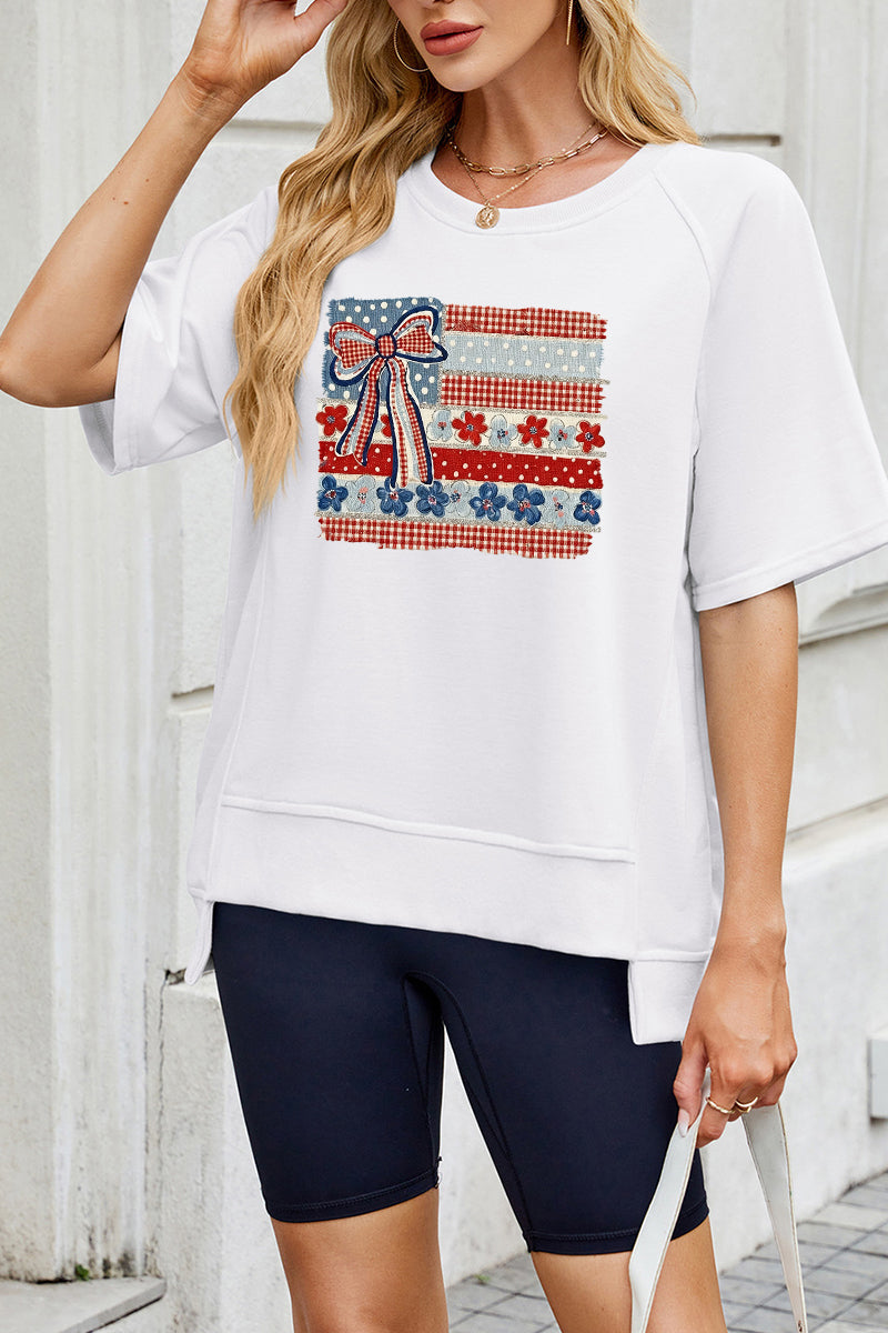USA Flag Bow Graphic Tee Women Patriotic 4th July Top