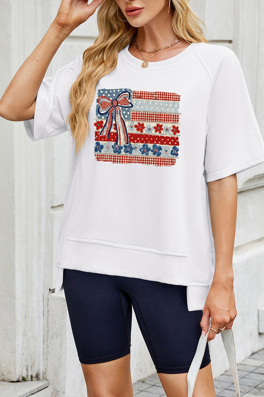 USA Flag Bow Graphic Tee Women Patriotic 4th July Top