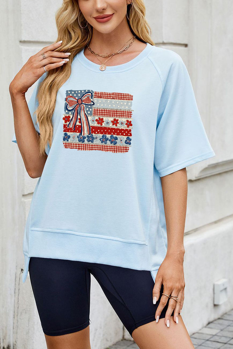 USA Flag Bow Graphic Tee Women Patriotic 4th July Top