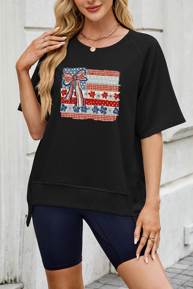 USA Flag Bow Graphic Tee Women Patriotic 4th July Top