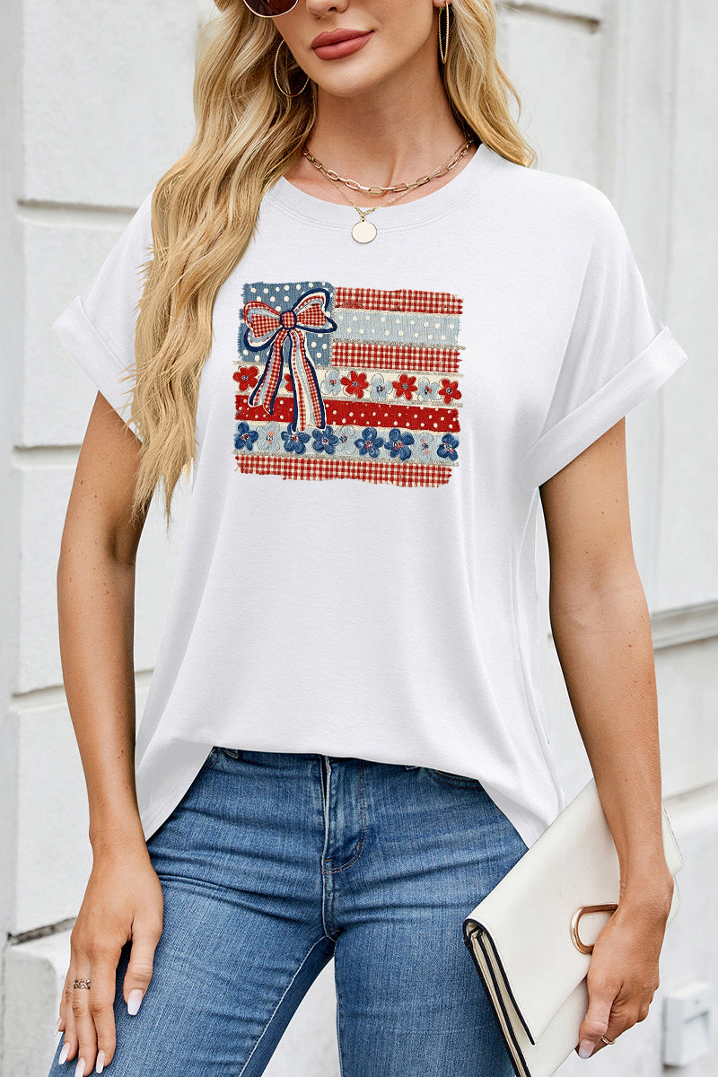 USA Flag Bow Graphic Tee Women Patriotic 4th of July