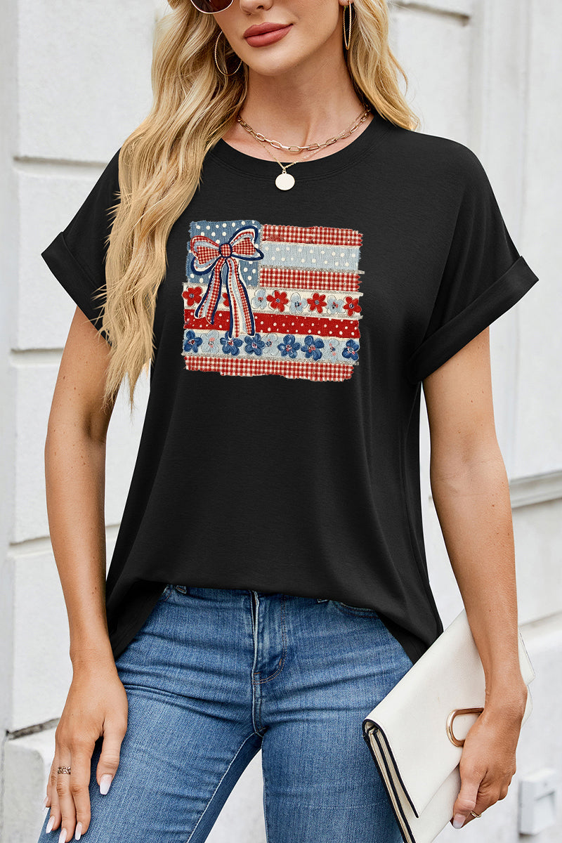 USA Flag Bow Graphic Tee Women Patriotic 4th of July