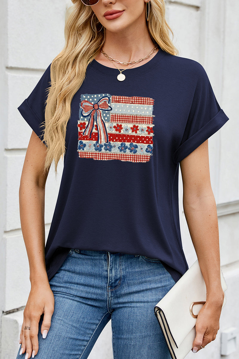 USA Flag Bow Graphic Tee Women Patriotic 4th of July