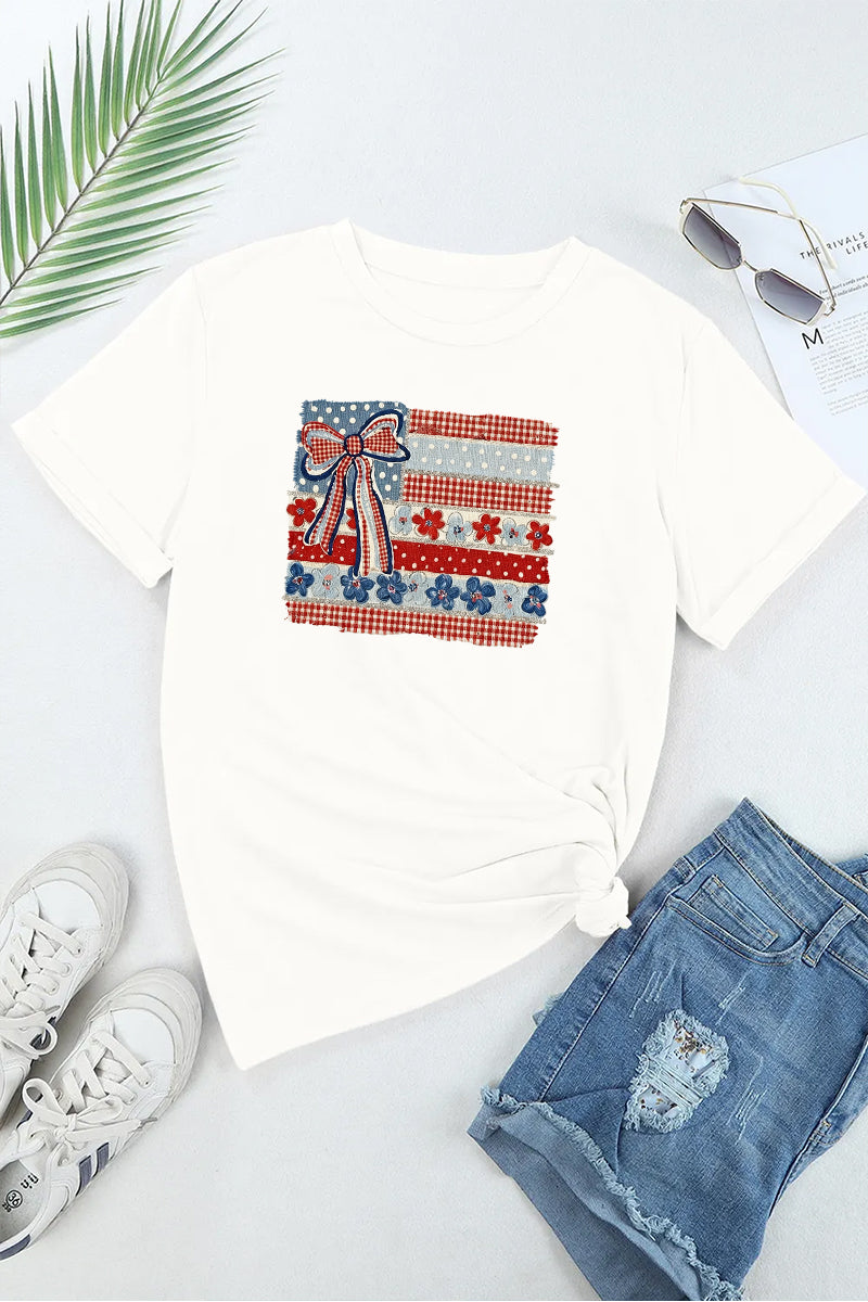 USA Bow Flag Graphic Tee Women Patriotic Summer Top