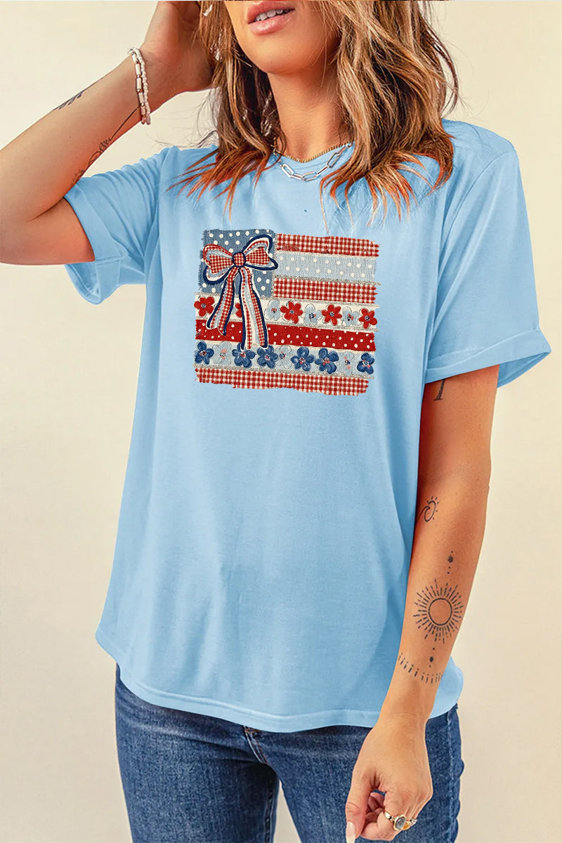 USA Bow Flag Graphic Tee Women Patriotic Summer Top