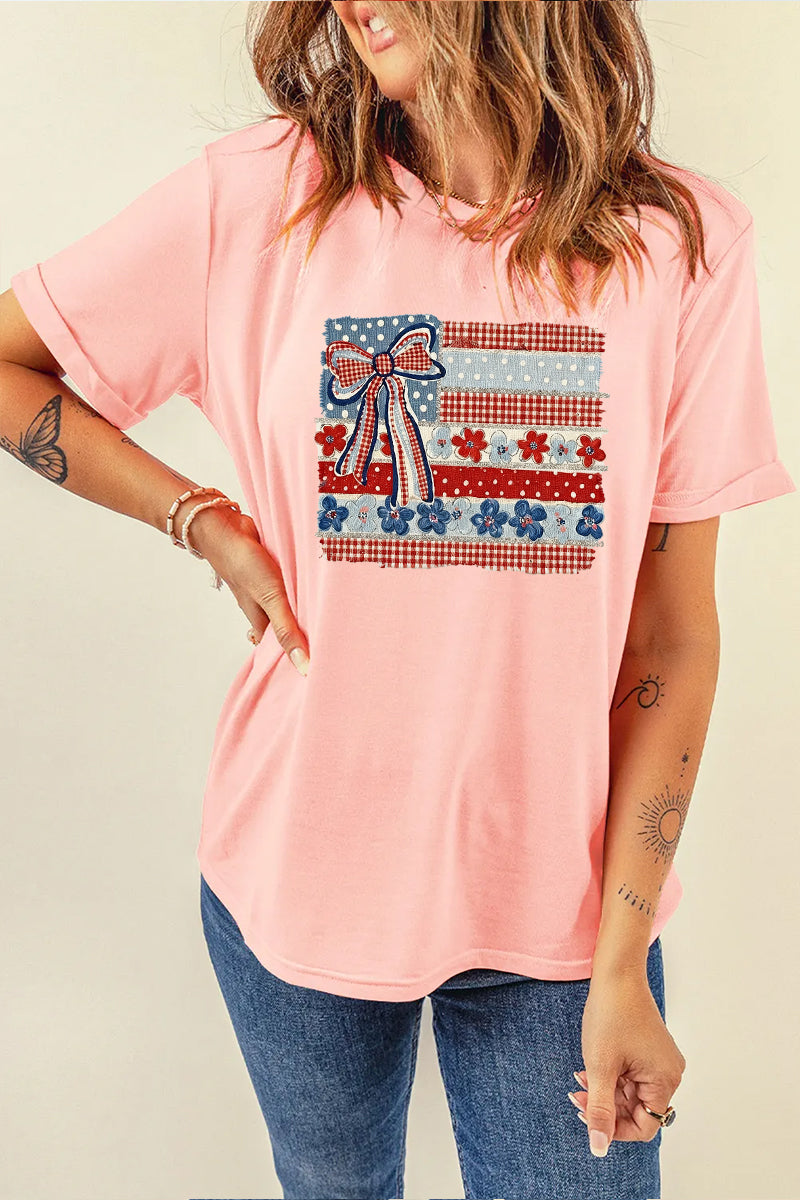 USA Bow Flag Graphic Tee Women Patriotic Summer Top