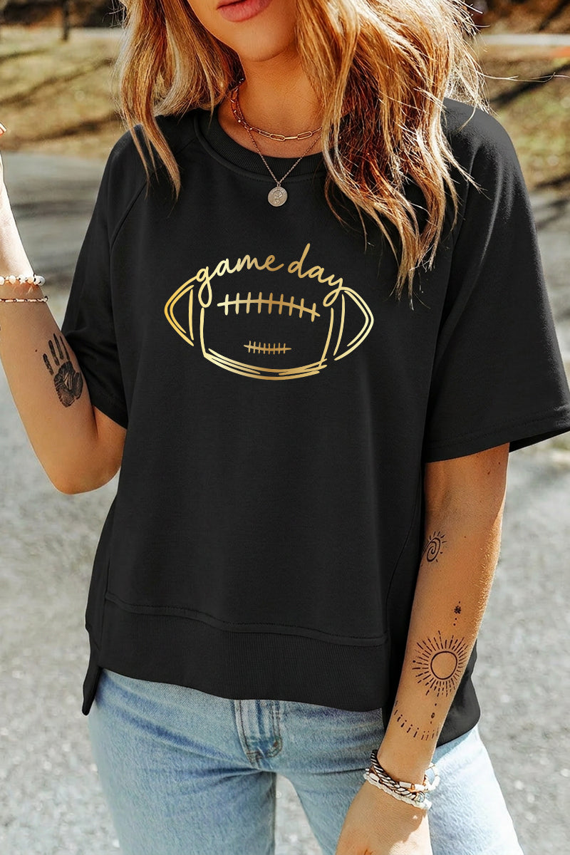 Game Day Gold Foil Graphic Top Rayon Blend Boutique Tee