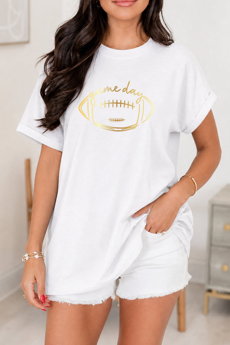Game Day Gold Foil Football Tee Rayon Blend Casual Top