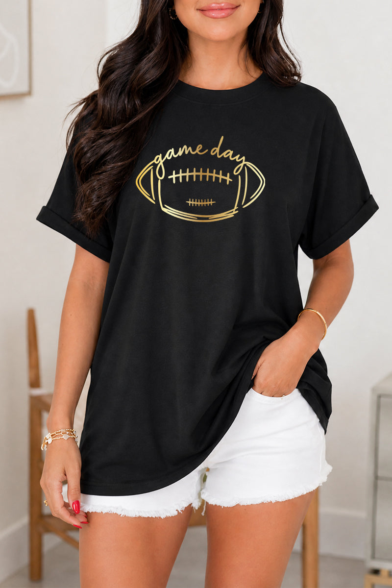 Game Day Gold Foil Football Tee Rayon Blend Casual Top