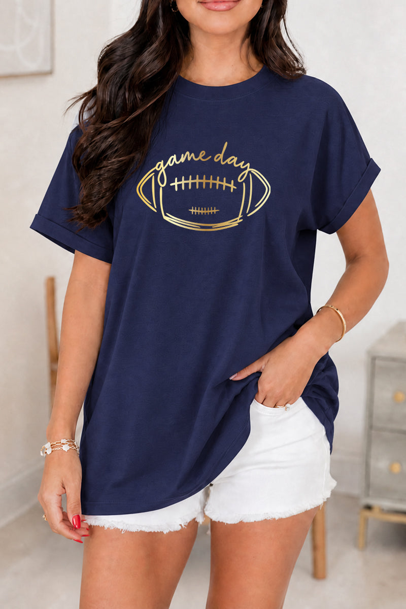 Game Day Gold Foil Football Tee Rayon Blend Casual Top