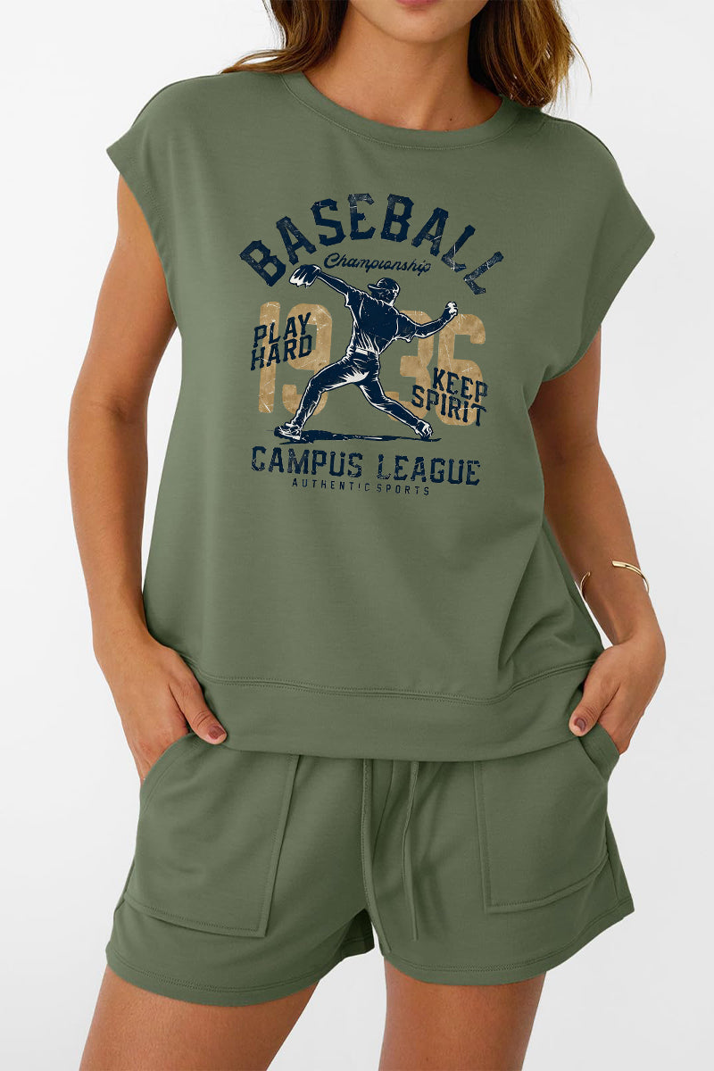 Baseball Graphic Viscose Blend Lounge Set Casual Sports