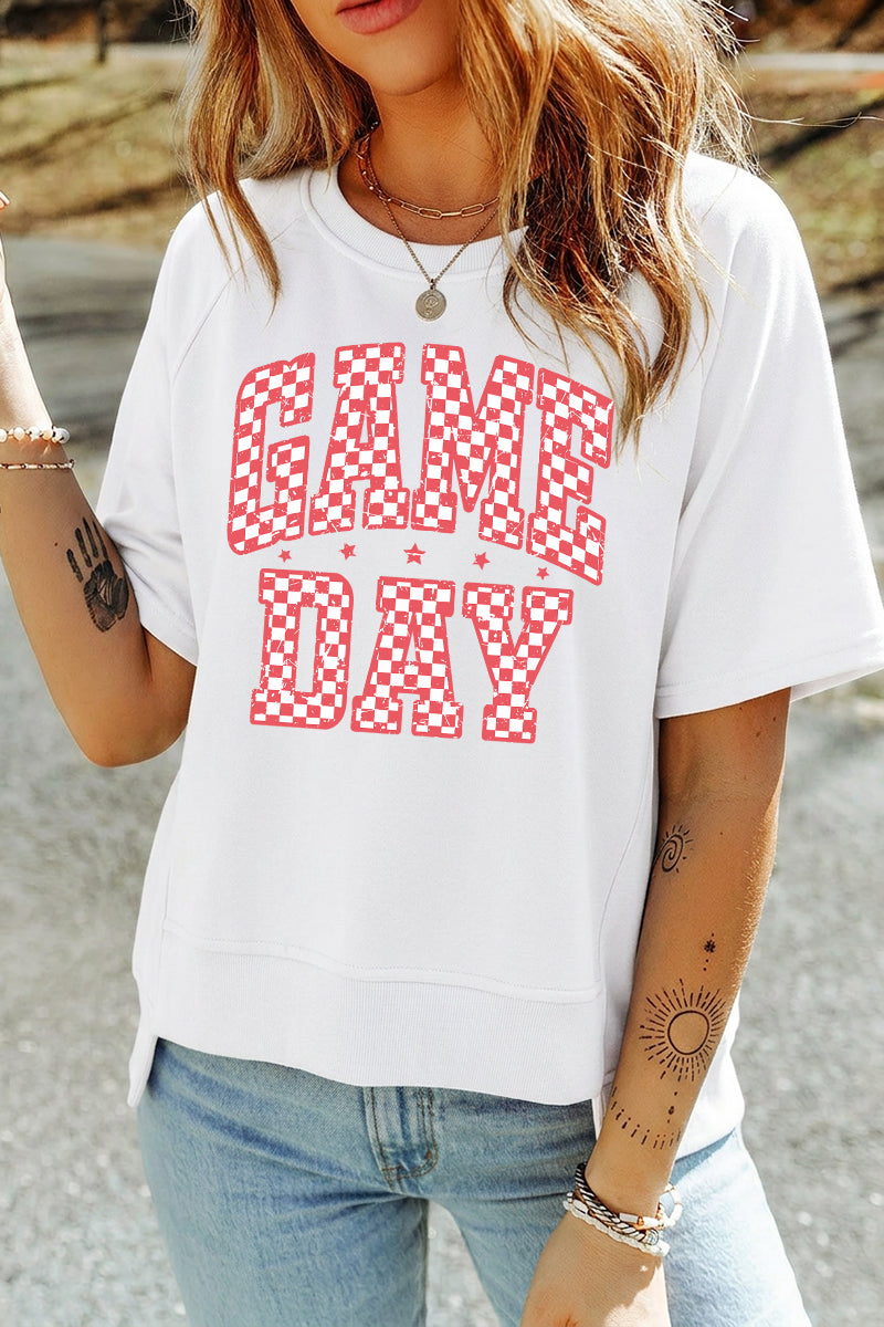 Graphic Rayon Tee Game Day Checkerboard Letter Top