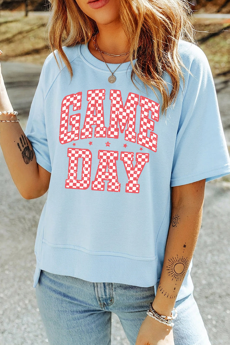 Graphic Rayon Tee Game Day Checkerboard Letter Top