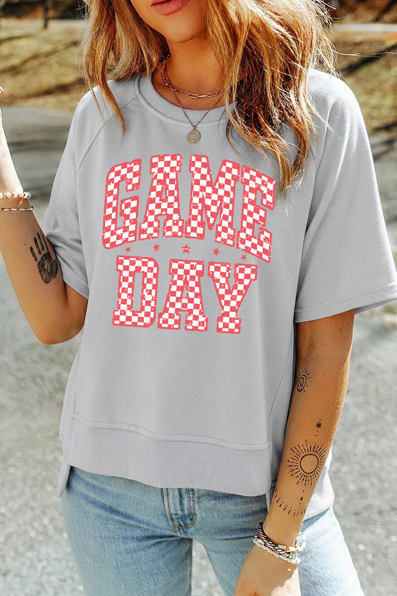 Graphic Rayon Tee Game Day Checkerboard Letter Top