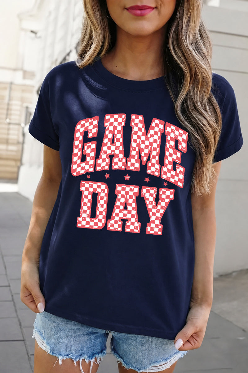 Checkered Game Day Graphic Tee Women Sport Football Shirt