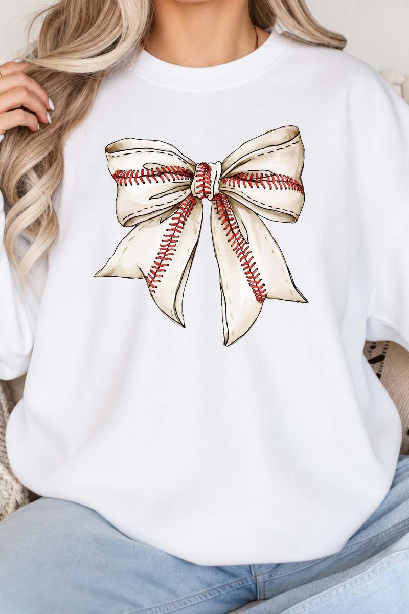 Top Baseball Bow Print Round Neck Long Sleeve Casual