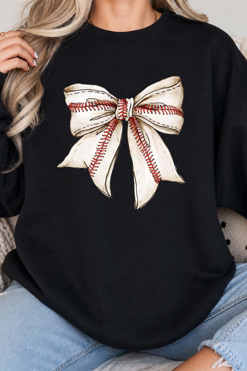 Top Baseball Bow Print Round Neck Long Sleeve Casual