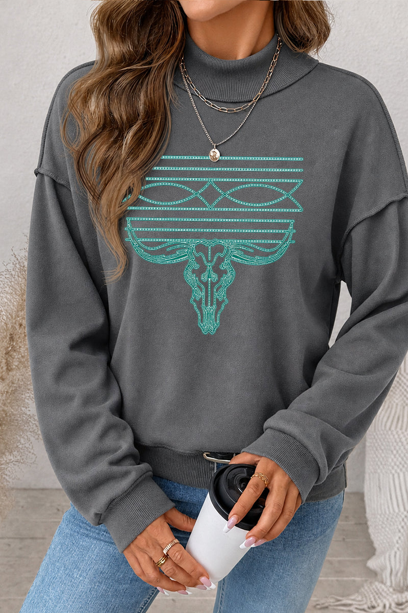 Western Bull Skull Graphic Mock Neck Sweatshirt