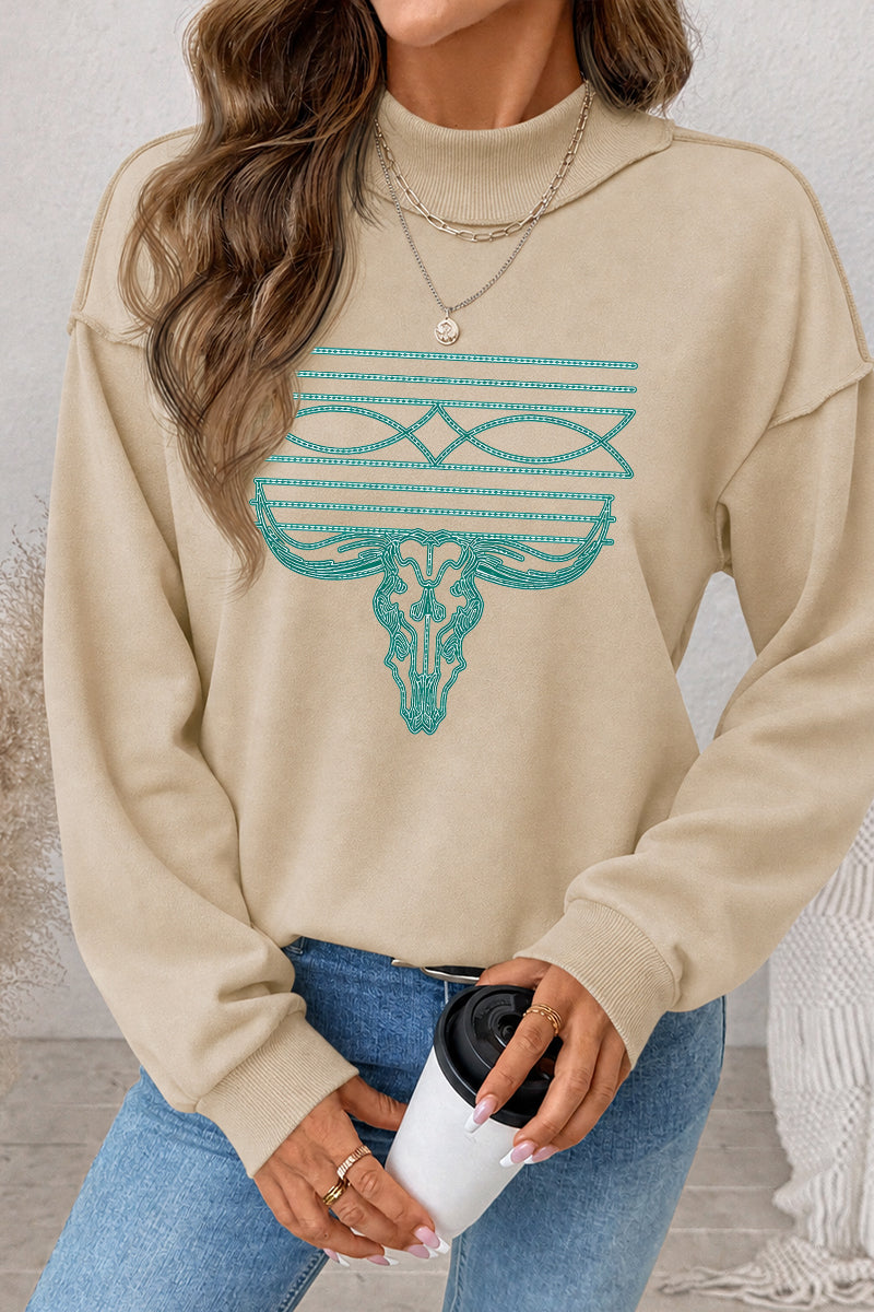Western Bull Skull Graphic Mock Neck Sweatshirt