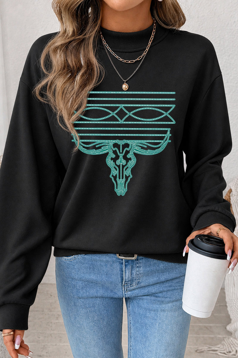 Western Bull Skull Graphic Mock Neck Sweatshirt