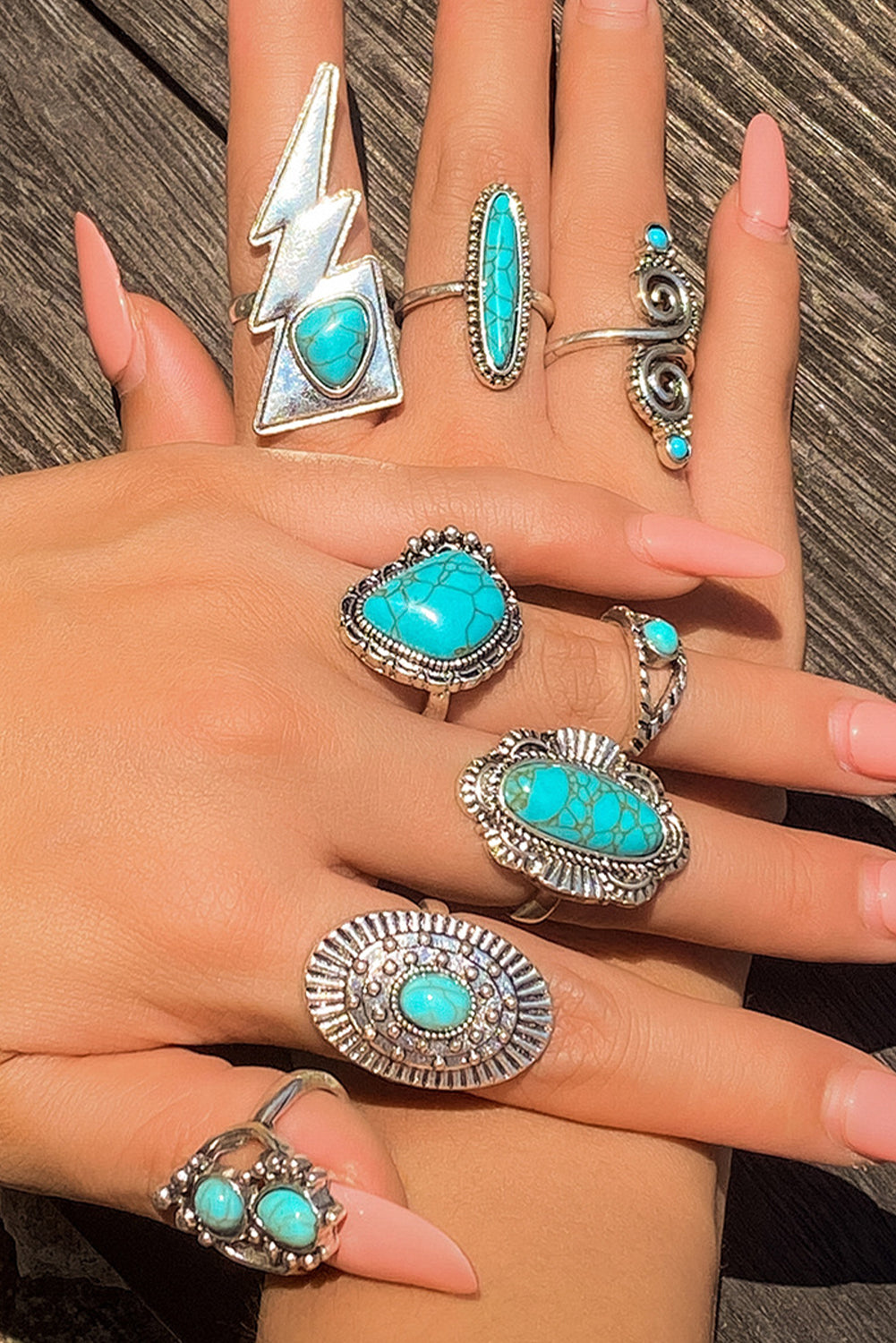 Silvery 8pcs Turquoise Inlay Western Ring Set  Item NO.: BH012134-P13