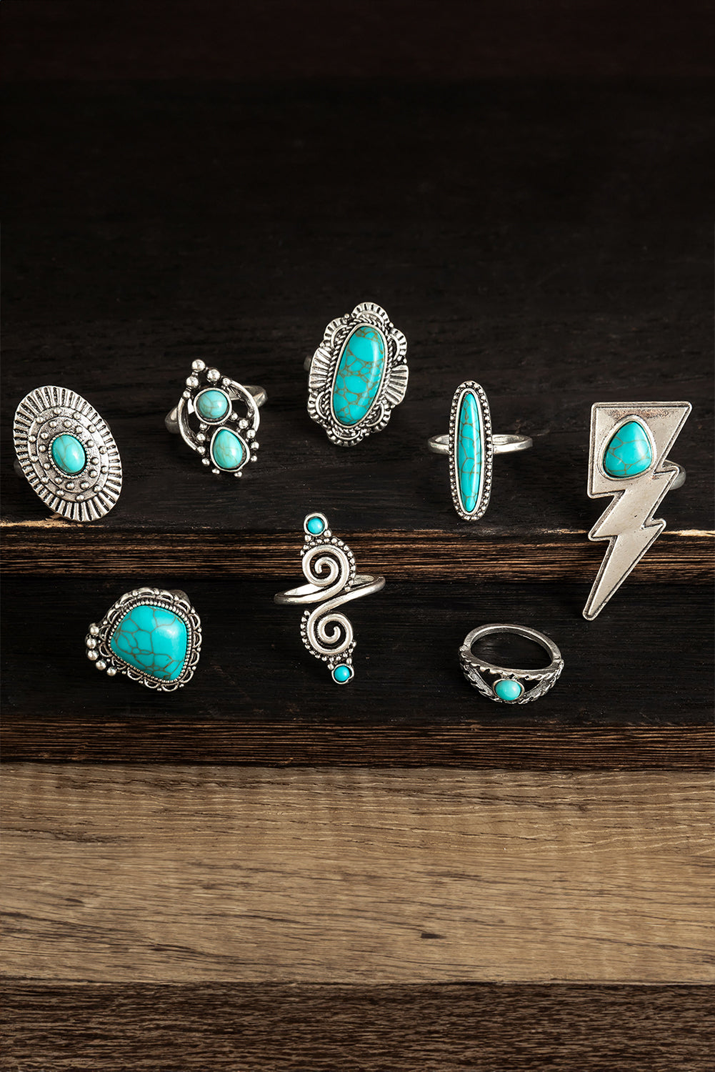 Silvery 8pcs Turquoise Inlay Western Ring Set  Item NO.: BH012134-P13