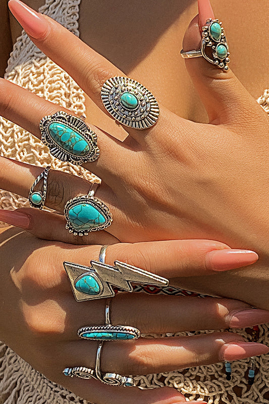 Silvery 8pcs Turquoise Inlay Western Ring Set  Item NO.: BH012134-P13