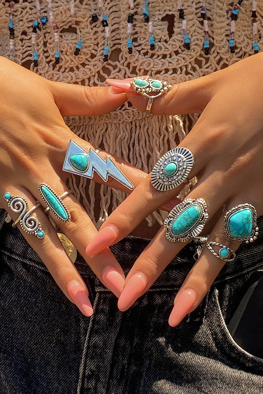 Silvery 8pcs Turquoise Inlay Western Ring Set  Item NO.: BH012134-P13