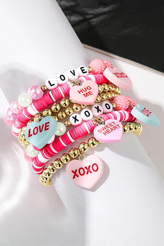 Bonbon Valentine Heart Pendant Beaded Elastic Bracelet Set